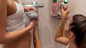 girls, our shower turns wild with sloppy double blowjobs and cum swap contest