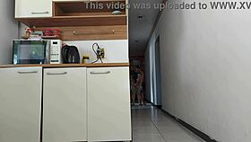 risky bareback ass fuck with my hubby's friend in kitchen while he's showering