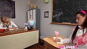 naughty teacher breaks rules with eager classroom students