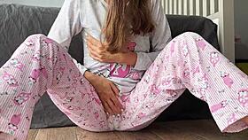 Horny small titted babe in pajamas fingers pussy squirting cum close up!