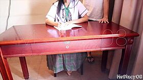 stepdad pounds my petite asian teen pussy hard while doing homework, moaning cumshot