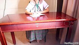 stepdad pounds my petite asian teen pussy hard while doing homework, moaning cumshot