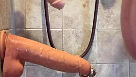 mmm peterwolfe stretches wide with huge pierced shower dildo 💦