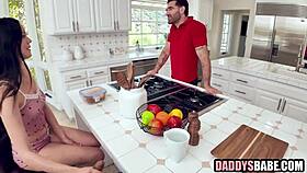 brunette teen shares older guys in wild group fun