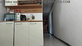 risky bareback ass fuck with my hubby's friend in kitchen while he's showering