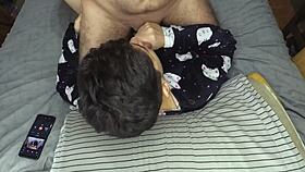 Handjob leads to thick cum mouthful before bedtime