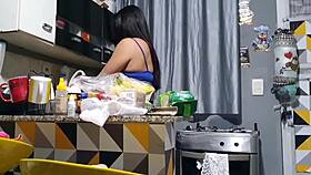 athletic latina milf flashes big clit pussy in kitchen casting fuck