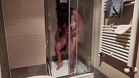 Curvy big-titted milf shaves her hairy wet pussy smooth in steamy shower