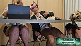 mama sneaks under desk for quick office sex cumshot