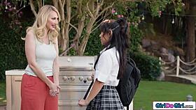 Busty asian milf eyes my panties, now i lick her wet muff