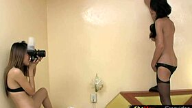 two ladyboys tease with big tits and small cocks in wild fun