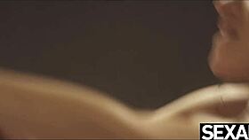 Two naked lesbians massage oil slick pussies licking nipples to orgasm