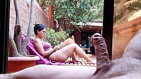 stepmom catches stepson jerking big cock on balcony nipples hard no bra