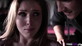 Three guys stuff Lena Paul with big cocks in mouth and double penetration