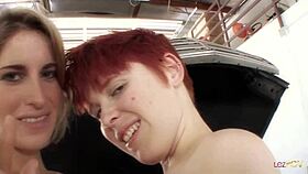 Blondie handywoman seduces redhead lesbian during car service fingering her wet pussy
