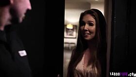 Three guys stuff Lena Paul with big cocks in mouth and double penetration