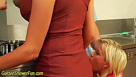 Pissing Slut Takes Facial Jizz After Group Golden Shower Fetish Blowjob