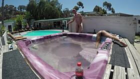 Skinny slut Dayanara gags deep on cock in hot tub choking hard