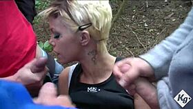 Delta White boldly sucks three monster cocks dogging