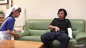 Old ugly guy seduces skinny japanese maid for creampie doggystyle at work