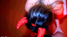 Devilish babe bent over for creampie doggystyle on halloween with tan lines glowing