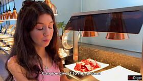 Brunette teen rides stranger's cock doggystyle after heated restaurant argument