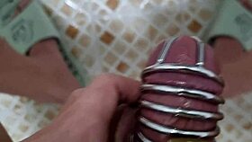 Korslaveman pees helplessly with chastity belt locking cock