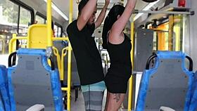 Old Pervert Gropes Curvy Brunette Masturbates to Bus Cumshot