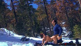 she strips then takes big tits doggystyle pounding in mountains