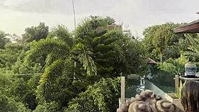 Monika Fox gives blowjob, rimming and golden shower by pool at sunset for free