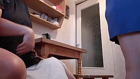 Girlfriend Sneakily Licks Housekeeper's Pussy Under Kitchen Table During Dishes