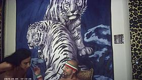 Check out this big-tit brunette in glasses riding the Italian pounding machine for her first porn shoot backstage