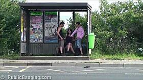 busty babe gets pounded in public gangbang threesome by highway