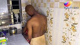 ebony babe bent over kitchen counter fucked doggystyle to wet creampie