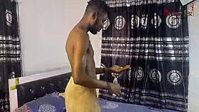 oiled ebony neighbor catches me naked then rides hard