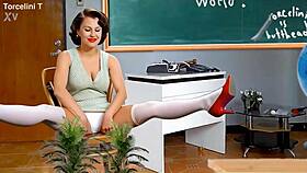 teacher everlain teases student torcelini wanna see her juicy pussy lips in stockings?